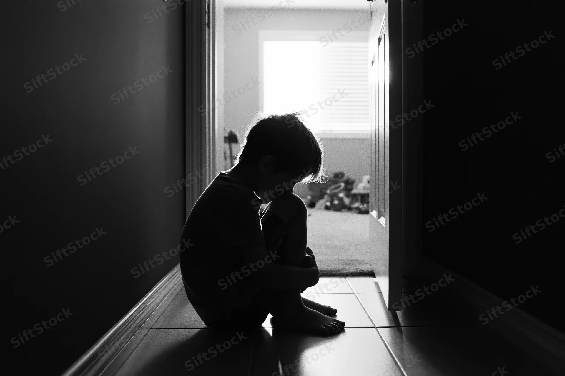 Child sitting alone on floor in dim hallway near doorway, head down, backlit by light from room beyond