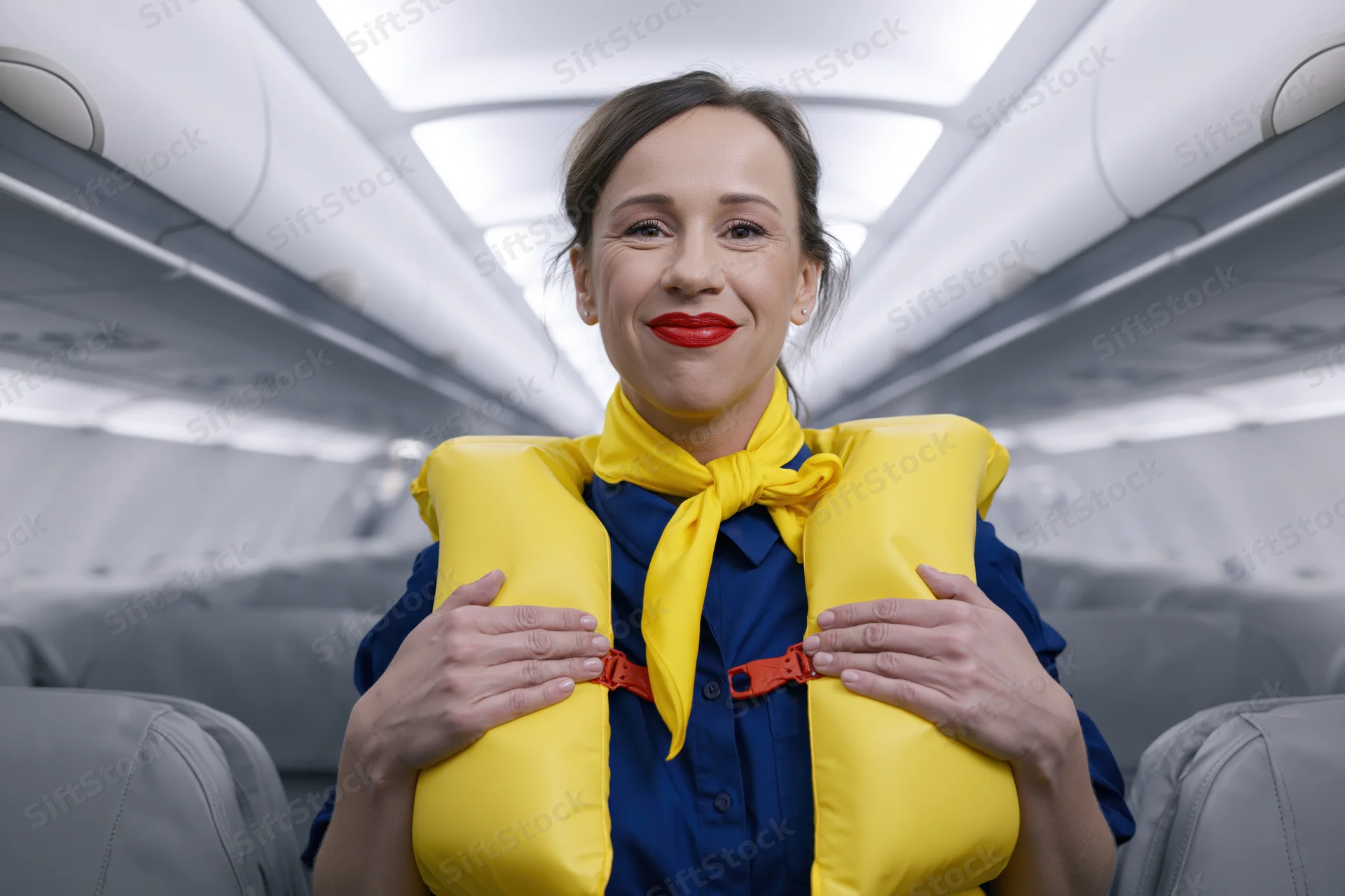 Smiling female flight attendant demonstrating yellow lifejacket in airplane cabin