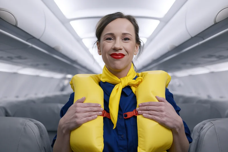 Smiling female flight attendant demonstrating yellow lifejacket in airplane cabin