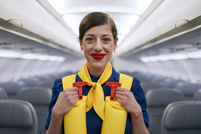 Smiling female flight attendant demonstrating yellow inflatable life vest in airplane cabin