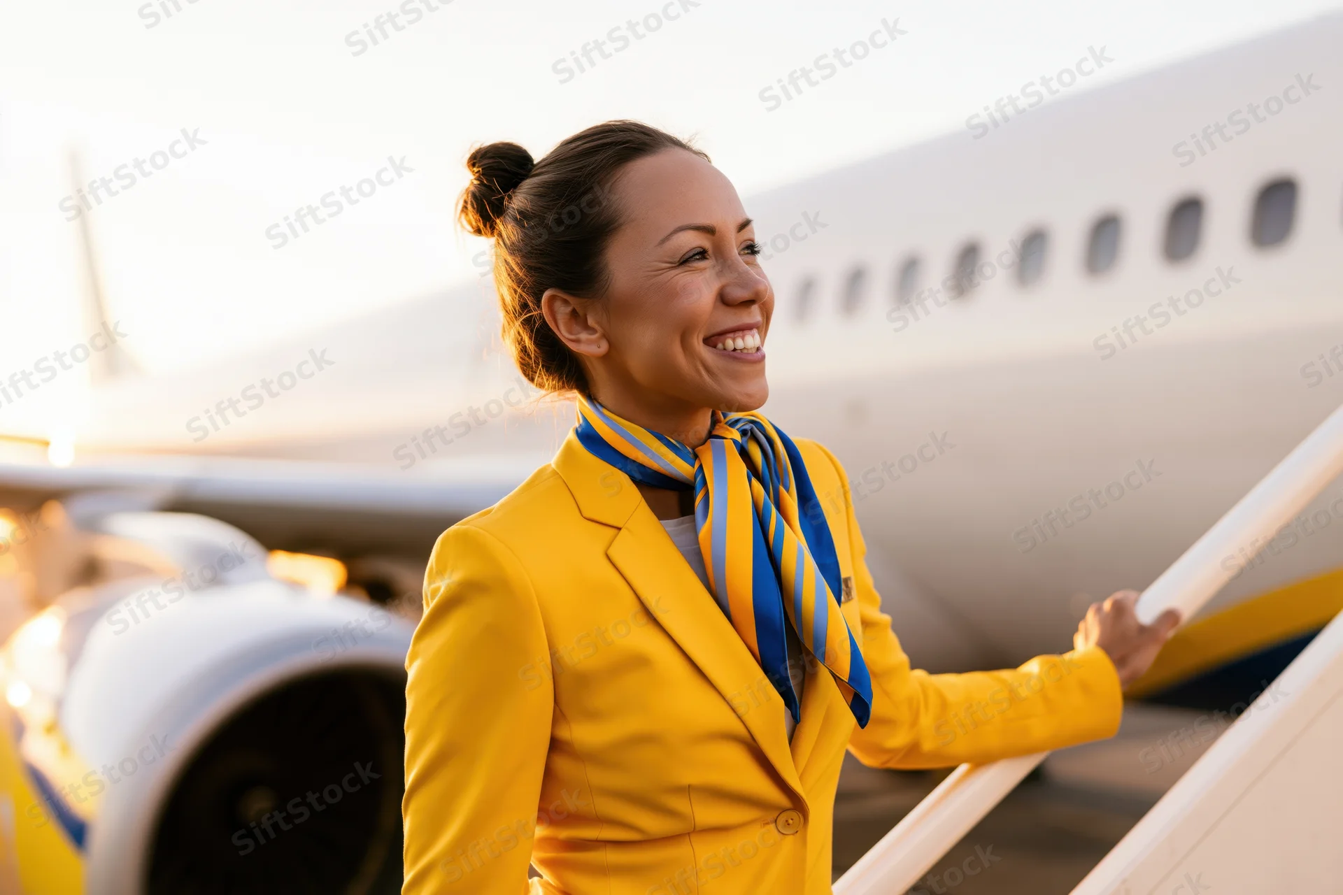 Smiling female flight attendant in yellow uniform standing on airplane boarding stairs