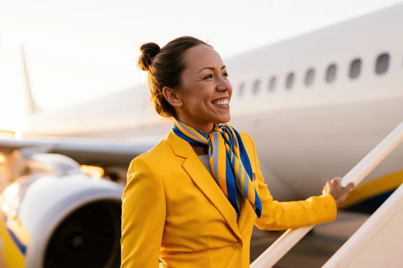 Smiling female flight attendant in yellow uniform standing on airplane boarding stairs