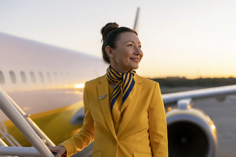 Smiling female flight attendant in yellow uniform standing on aircraft boarding ramp at sunset