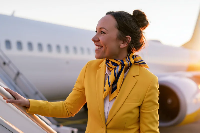 Smiling female flight attendant in yellow uniform standing on boarding ladder beside airplane