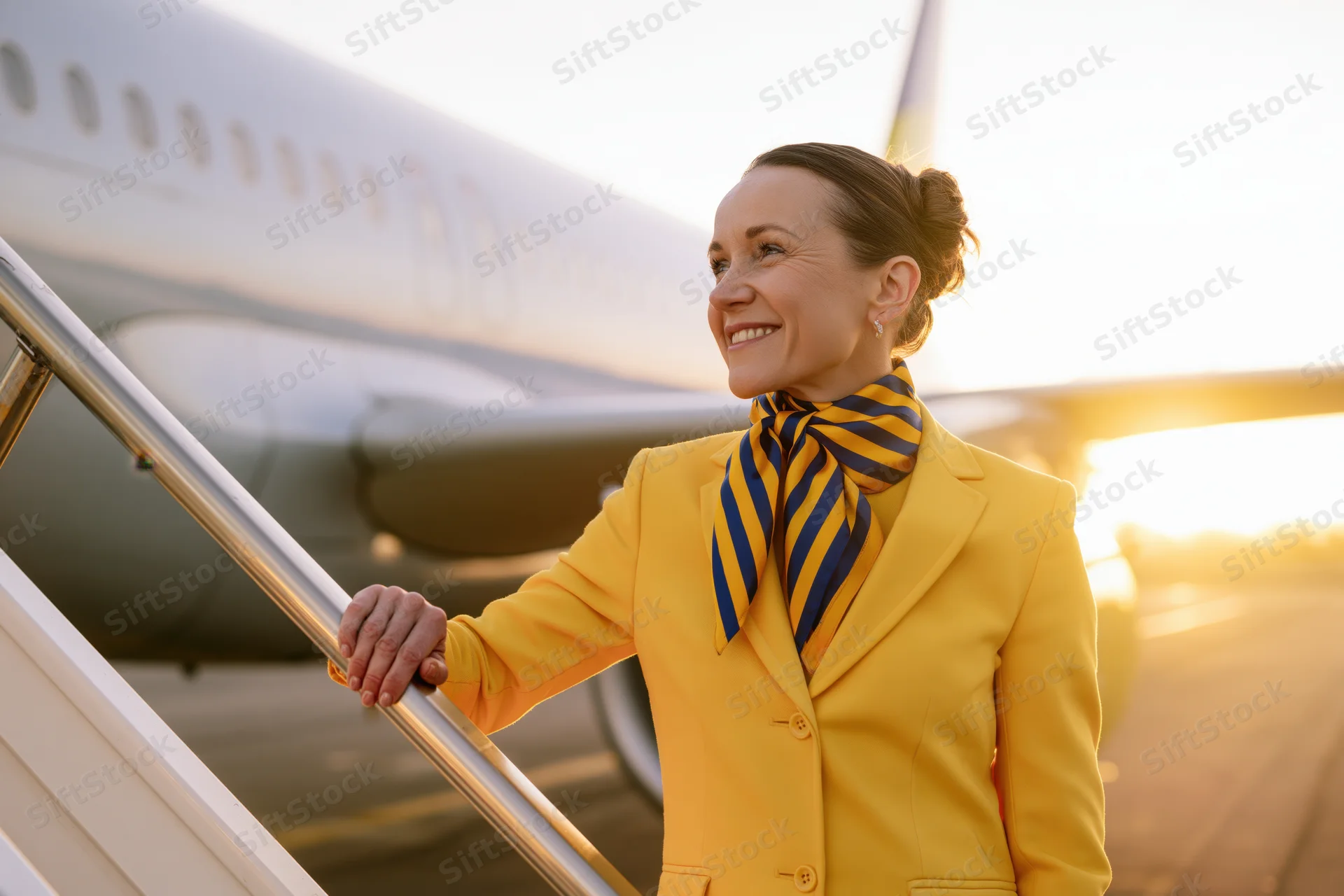 Smiling female flight attendant standing on aircraft boarding staircase at sunset