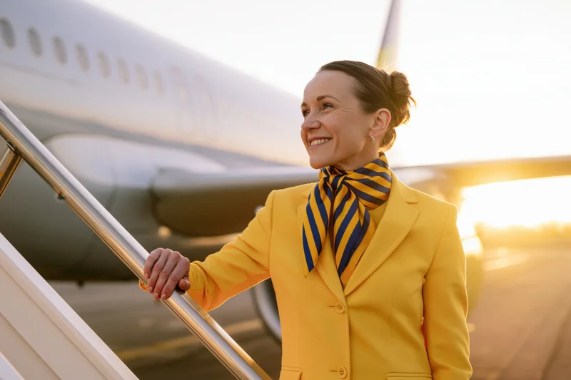 Smiling female flight attendant standing on aircraft boarding staircase at sunset