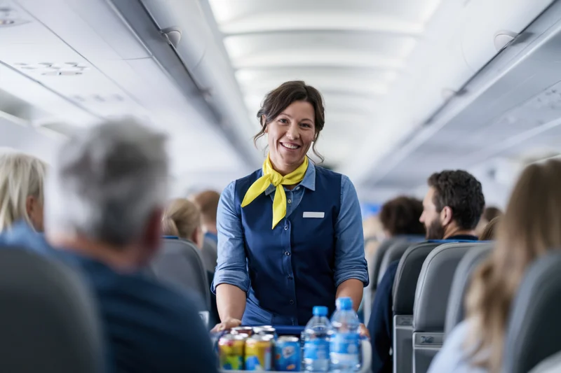 Smiling flight attendant pushing beverage cart down airplane aisle
