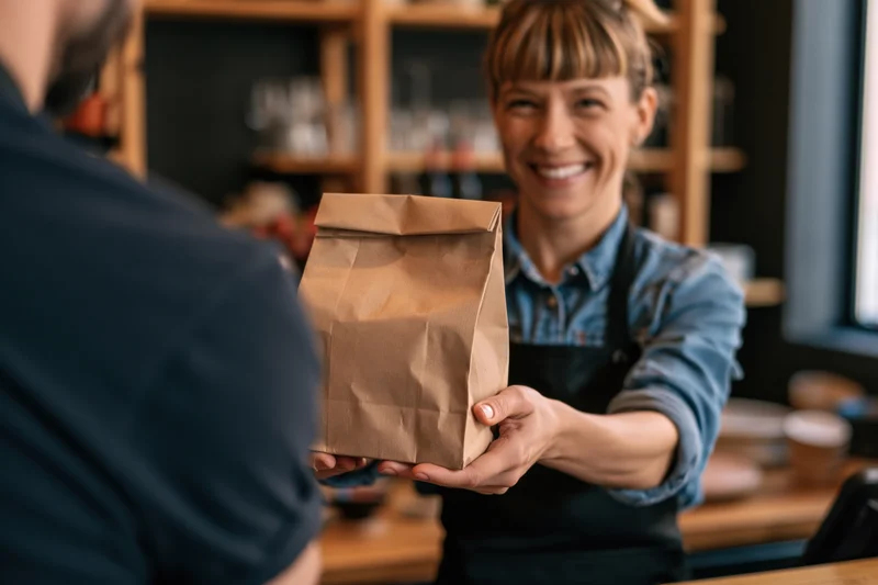 Smiling woman barista handing a brown paper takeout bag to a customer at a cafe counter