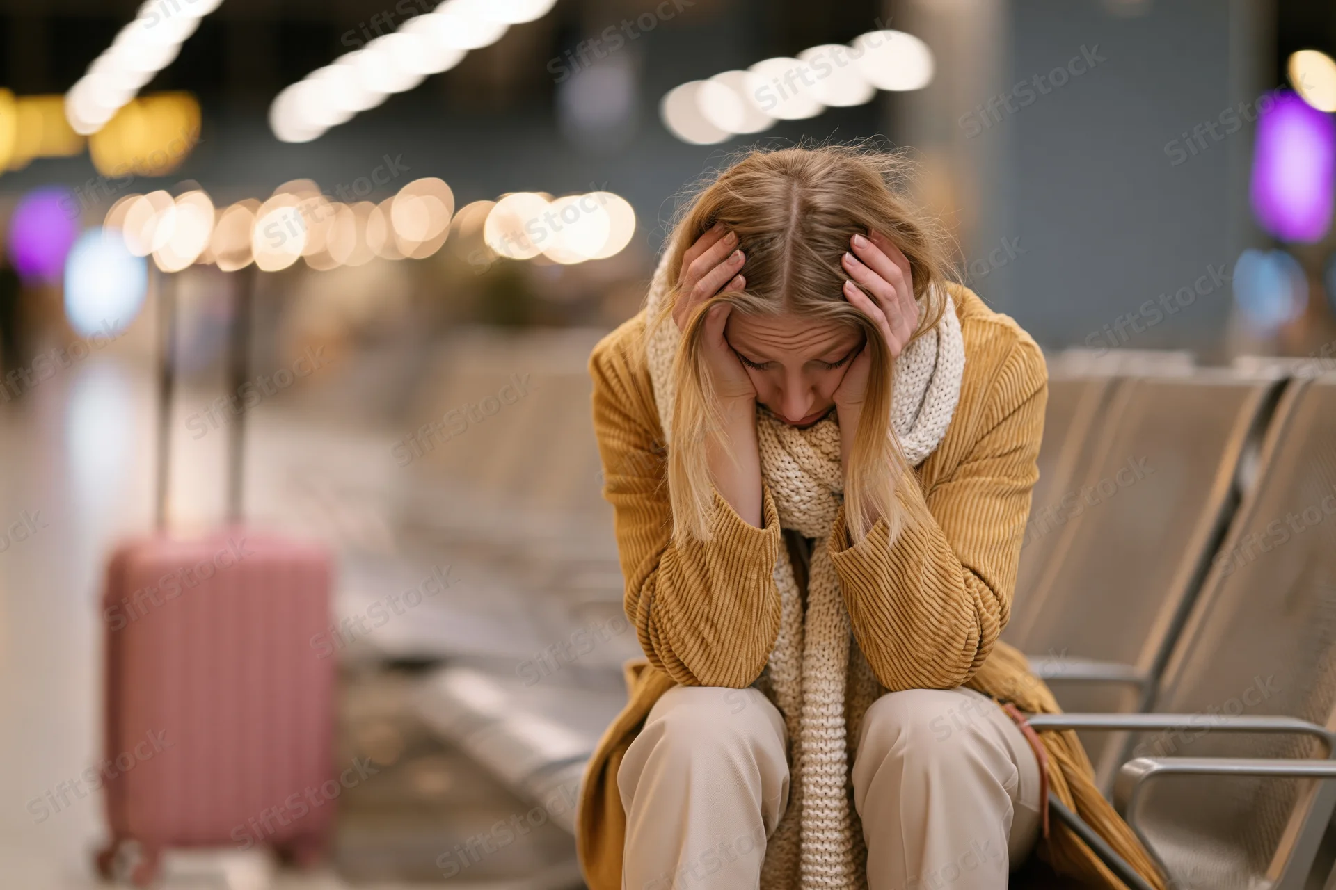 Stressed young woman sitting on airport bench holding head with hands, luggage beside her