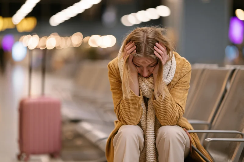 Stressed young woman sitting on airport bench holding head with hands, luggage beside her