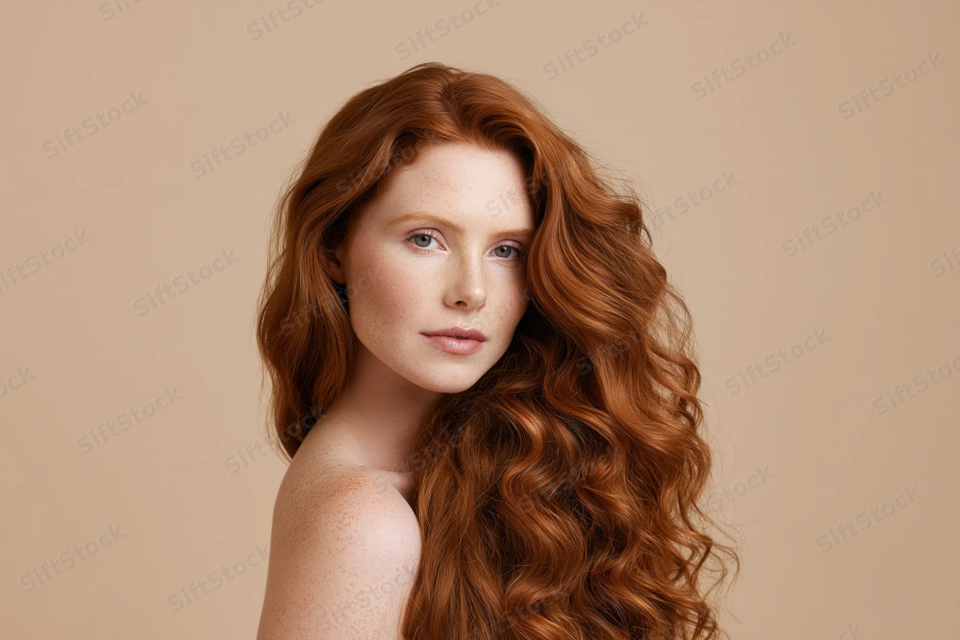 Young woman with long curly red hair posing in studio against beige background