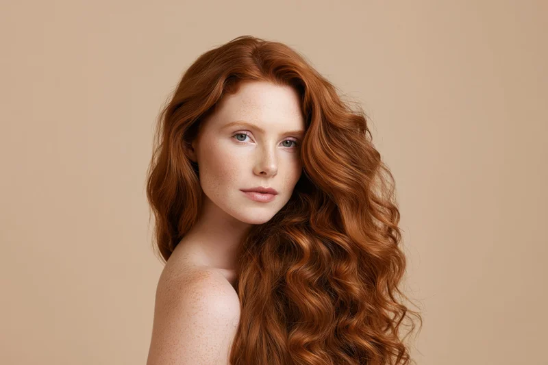 Young woman with long curly red hair posing in studio against beige background