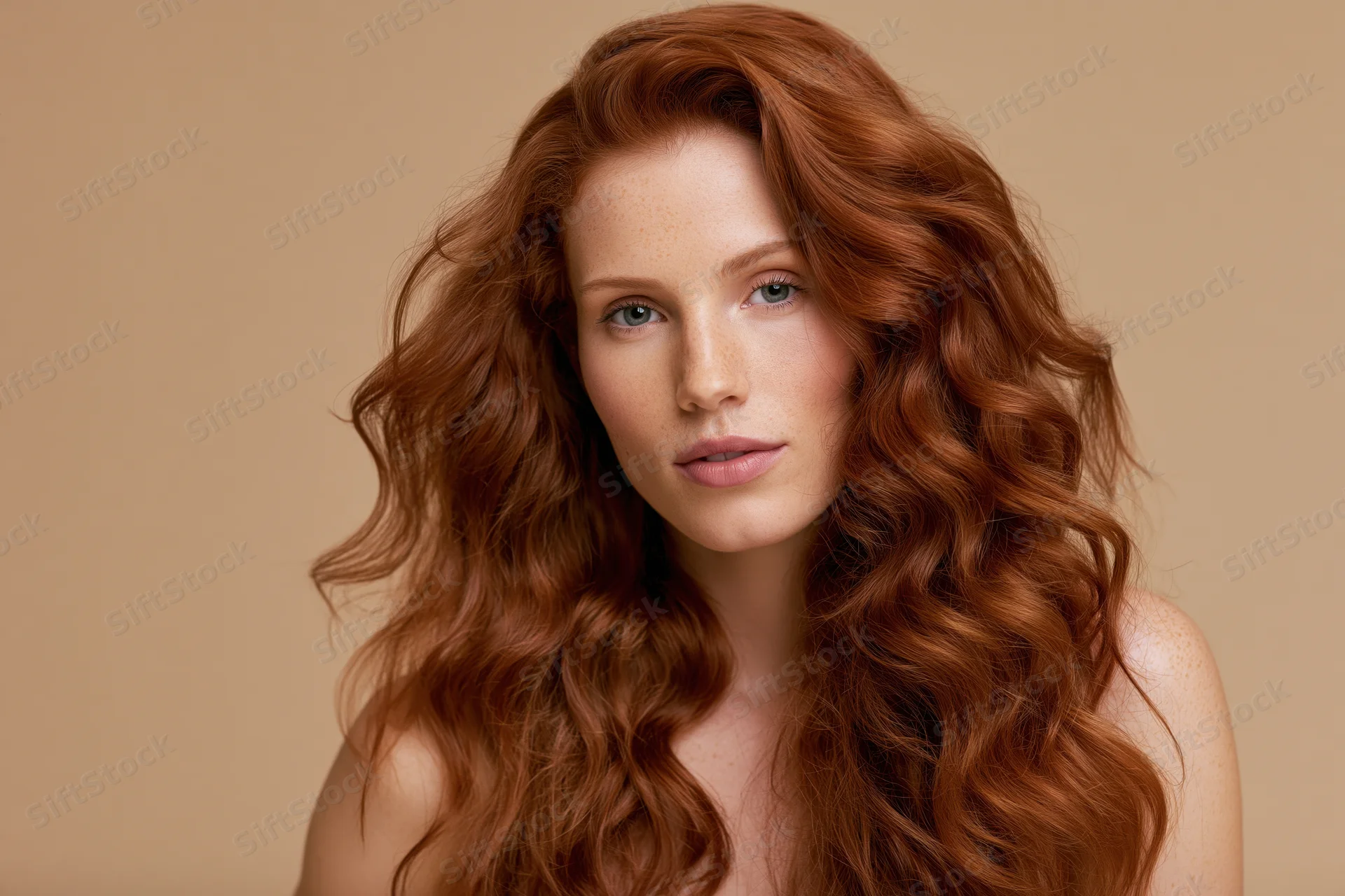 Young woman with long voluminous red curly hair in studio portrait