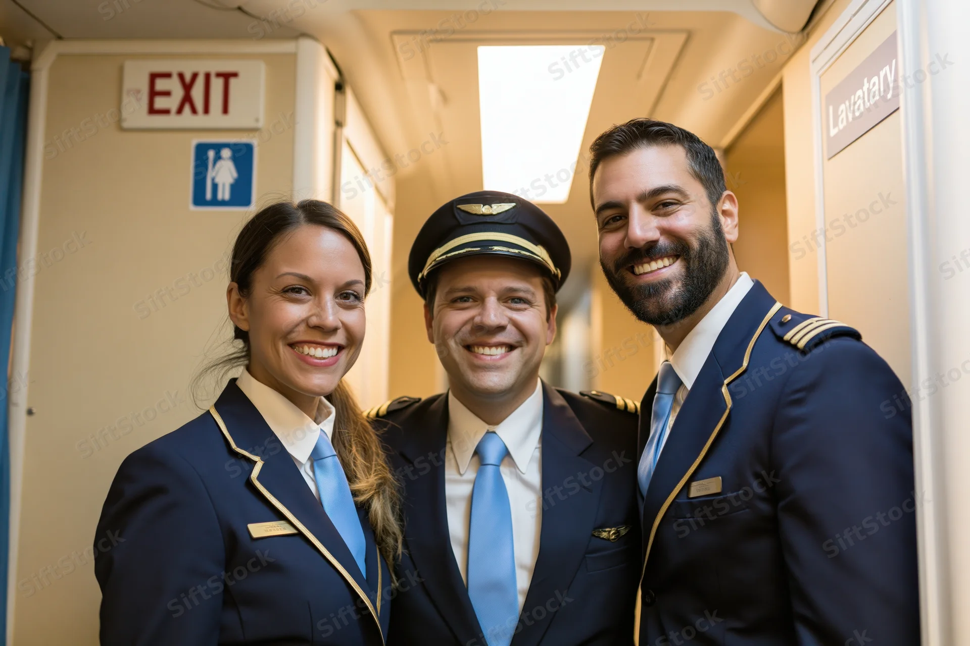 Three airline crew members smiling together in the cabin corridor