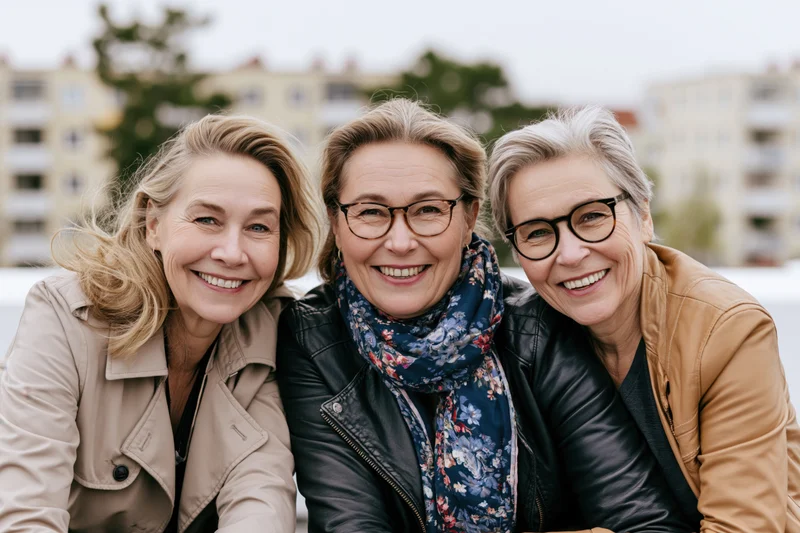 Three mature women smiling closely together on an urban rooftop
