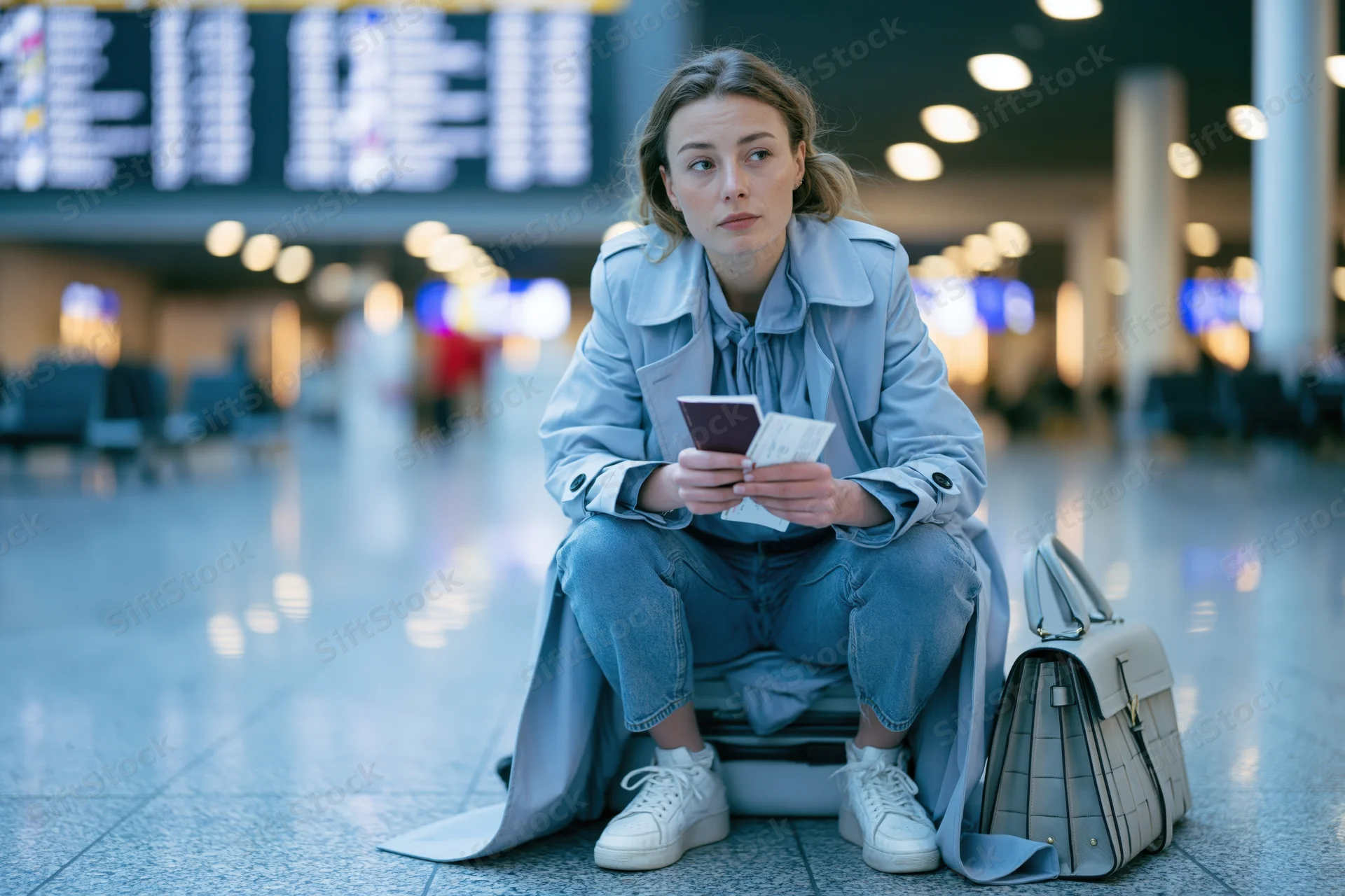Tired young woman sitting on suitcase holding passport and boarding pass in airport terminal