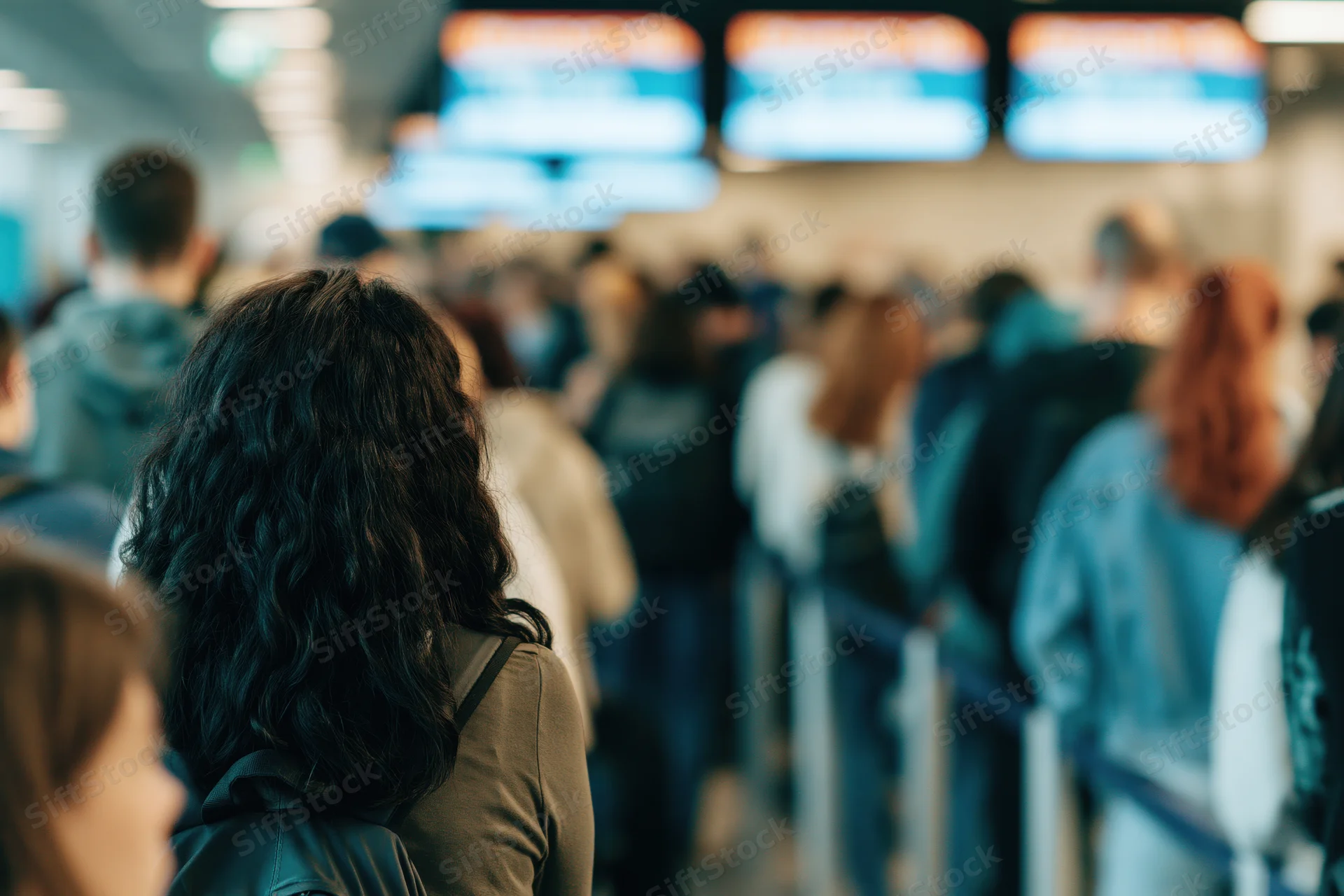 Woman with curly dark hair waiting in airport security queue among crowd of travelers