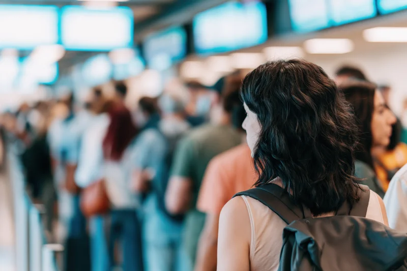 Woman with backpack waiting in long queue at airport security line