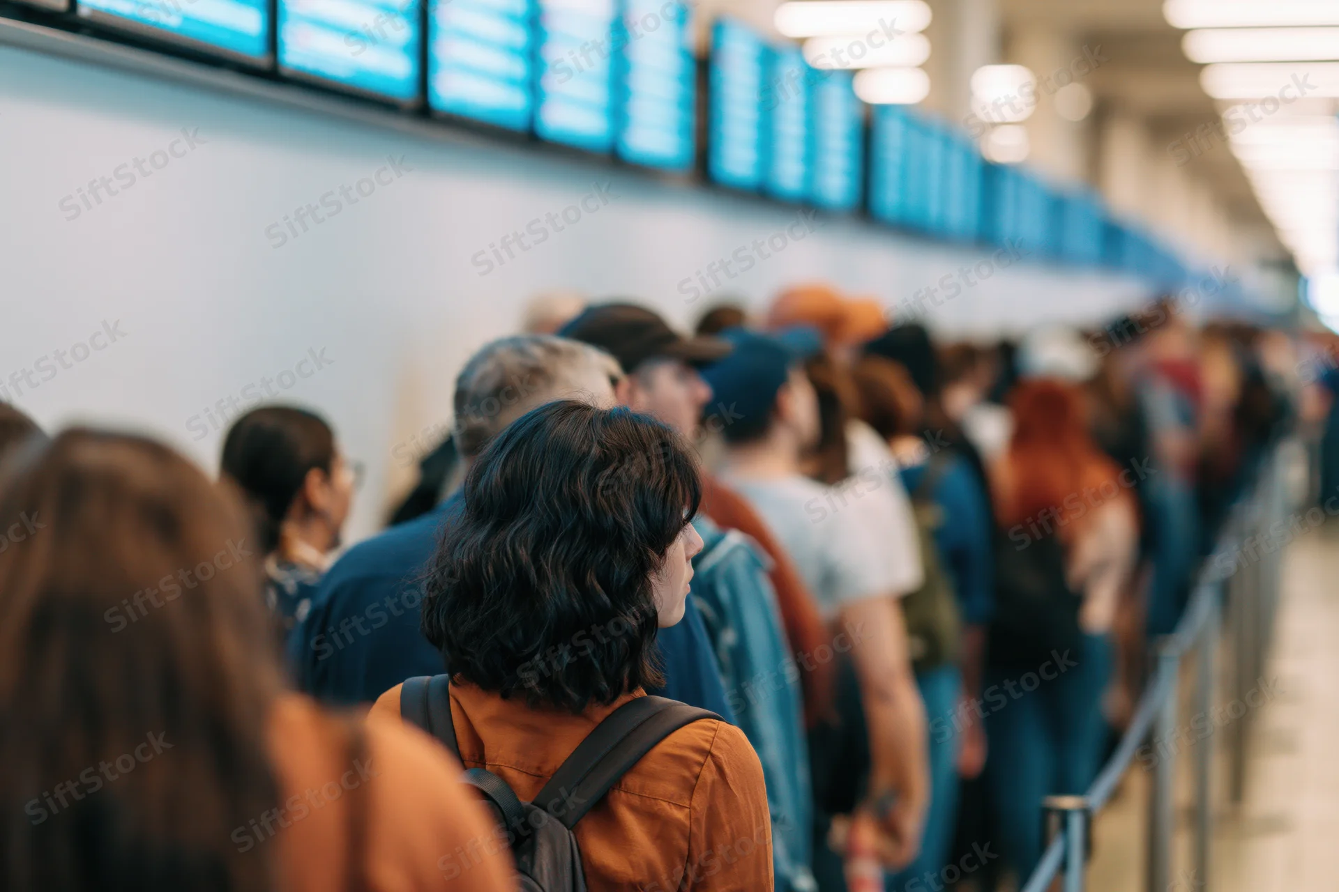 Travelers waiting in a long queue at airport security line