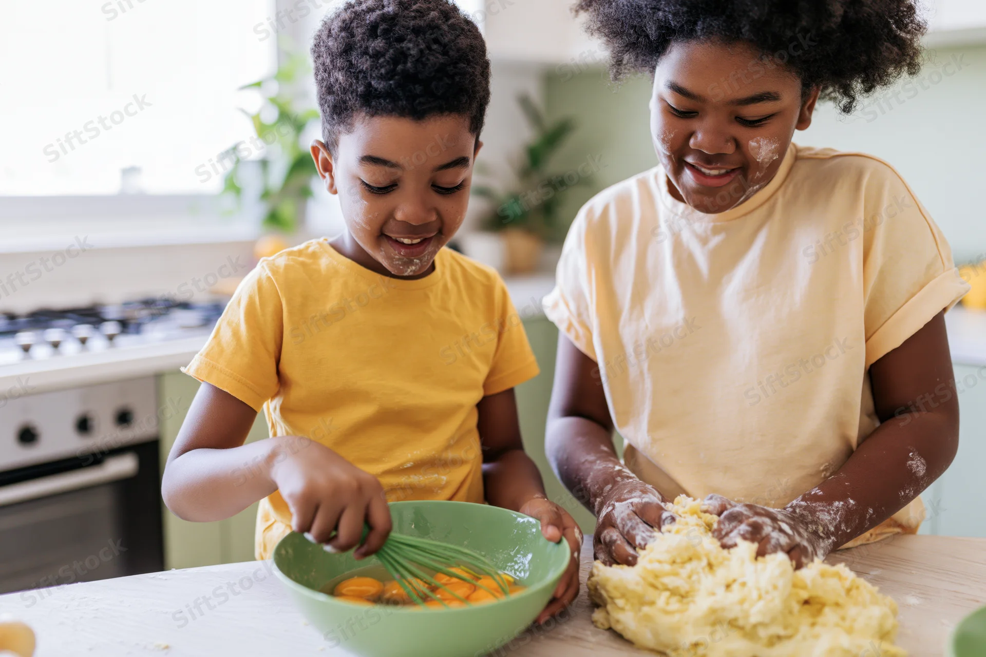 Two black siblings baking together at kitchen counter, mixing ingredients and kneading dough, smiling with flour on faces