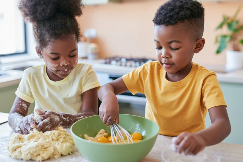 Two black siblings baking together at a kitchen counter, girl kneading dough while boy whisks eggs in a green bowl