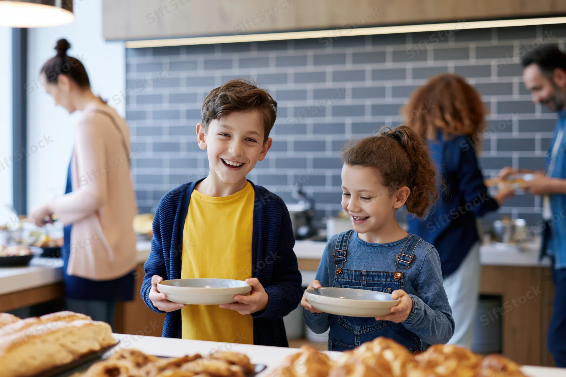 Two smiling siblings holding empty bowls at a hotel breakfast buffet