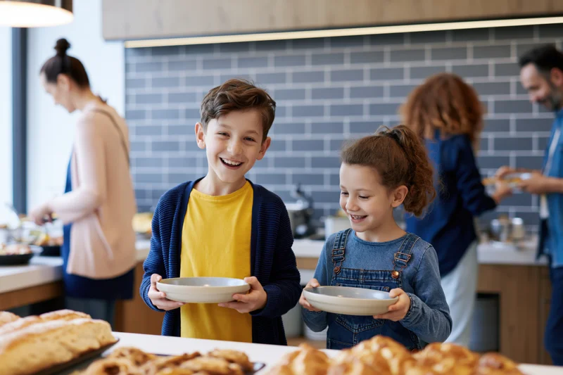 Two smiling siblings holding empty bowls at a hotel breakfast buffet