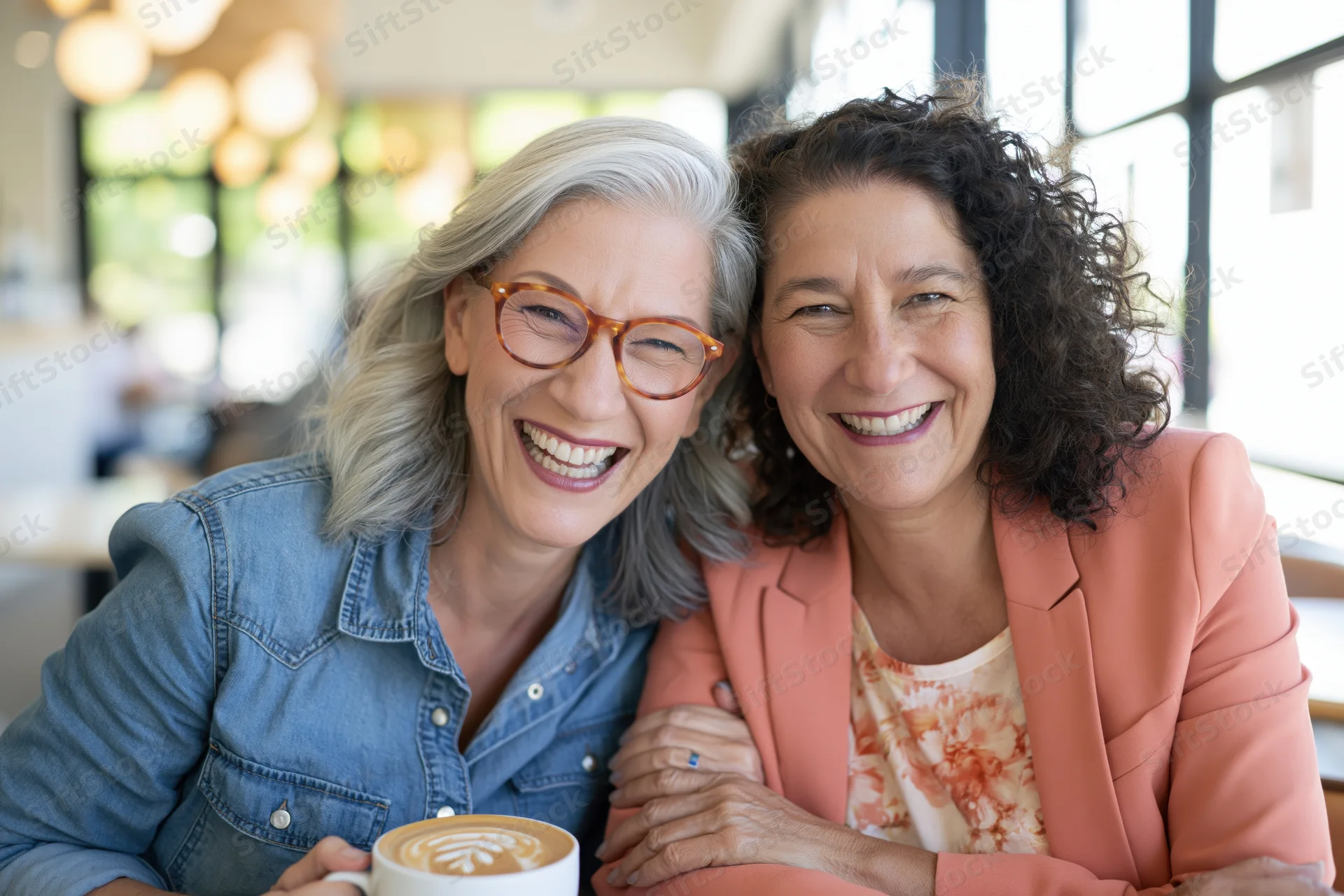Two middle-aged women smiling and embracing while sitting together at a cafe with coffee