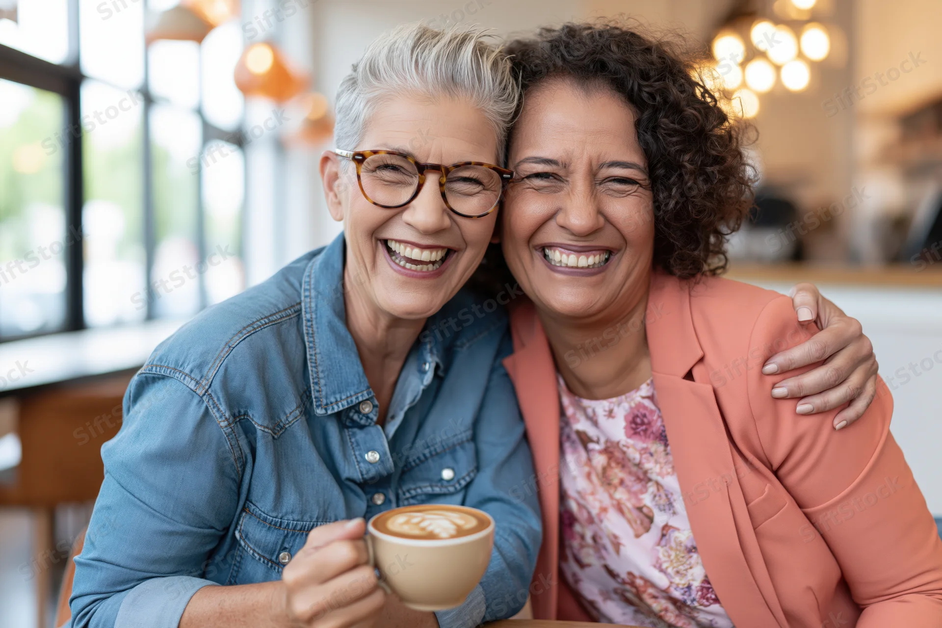 Two middle-aged women smiling and embracing while sitting together at a cafe table with coffee