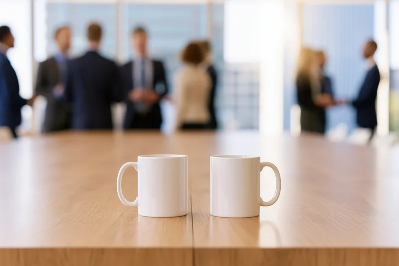 Two white ceramic coffee mugs on a wooden conference table with blurred business professionals in the background discussing in an office meeting room