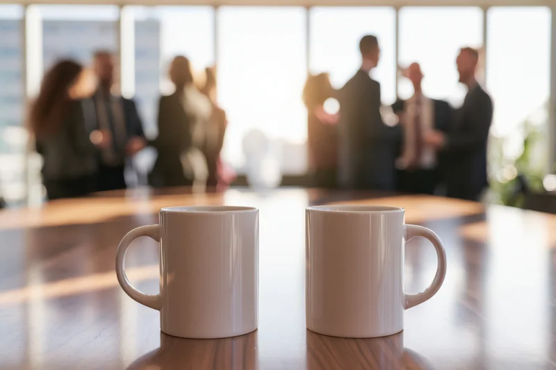 Two white ceramic coffee mugs on a polished wooden table in an office meeting room with blurred professionals in the background
