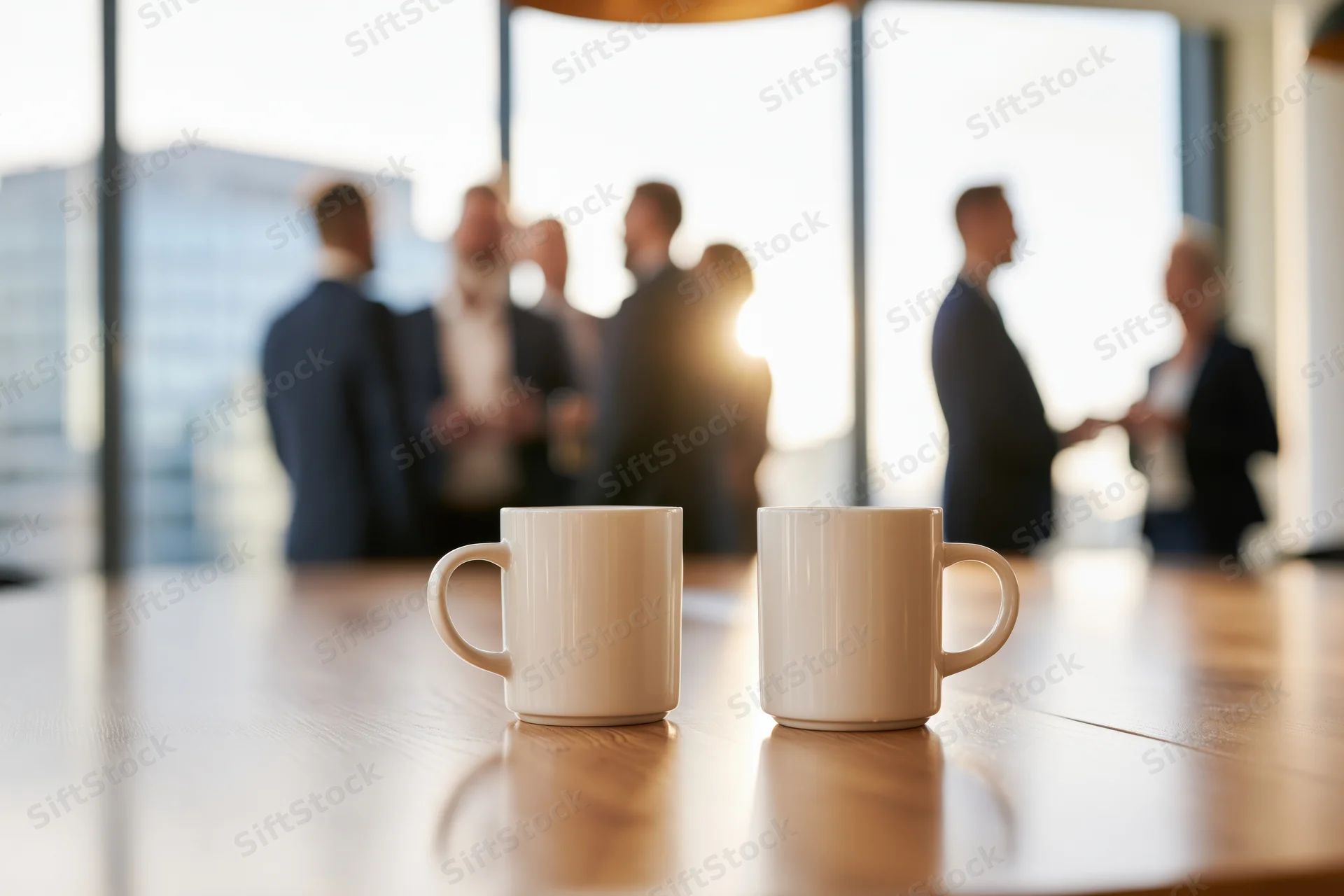 Two white ceramic coffee mugs on a wooden table in an office with blurred professionals meeting in the background