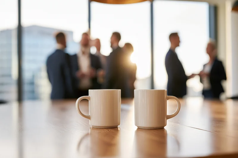 Two white ceramic coffee mugs on a wooden table in an office with blurred professionals meeting in the background