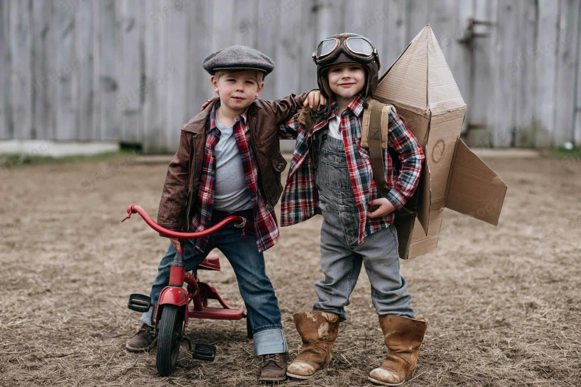 Two young boys in costumes posing together in a farmyard with a cardboard rocket and tricycle
