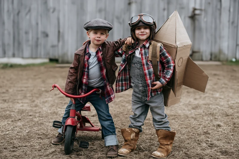 Two young boys in costumes posing together in a farmyard with a cardboard rocket and tricycle