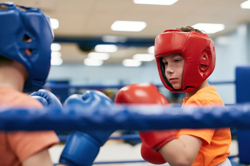 Two boys sparring in a boxing ring wearing protective headgear and gloves