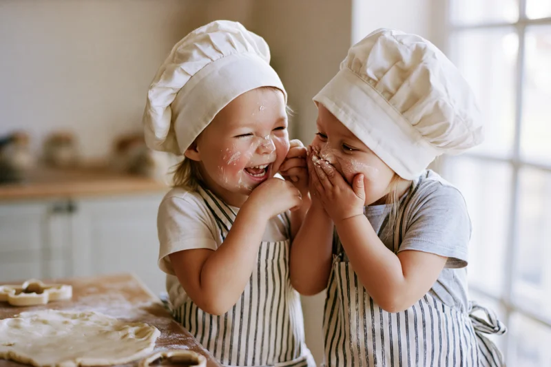 Two young children laughing while baking together in a kitchen wearing chef hats and aprons