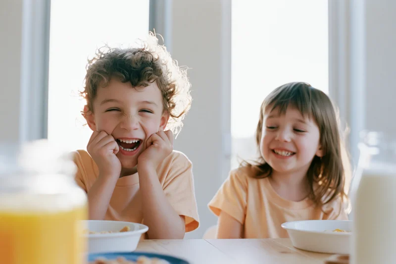 Two young siblings laughing at a kitchen table during breakfast