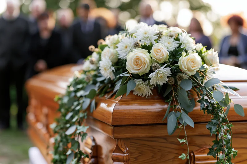 White roses and chrysanthemums arranged on a wooden coffin at an outdoor funeral with mourners in the background