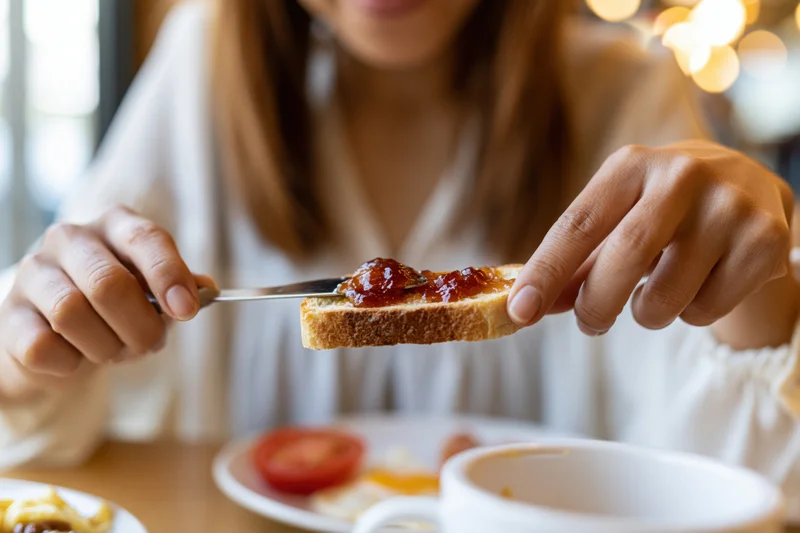 Woman spreading jam onto a slice of toast at a cafe table