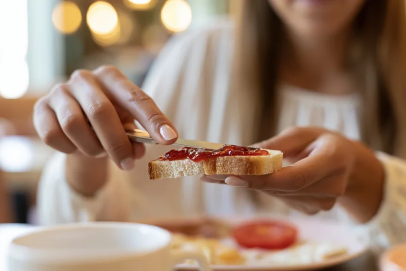 Woman spreading jam onto a slice of toast at a cafe table