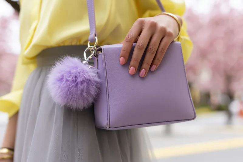 Woman holding a structured purple handbag with fluffy pompon at her hip outdoors in spring