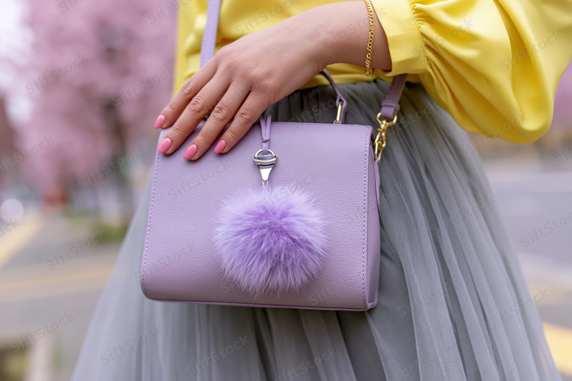 Woman holding a structured purple handbag with fluffy pompon at her hip outdoors in spring