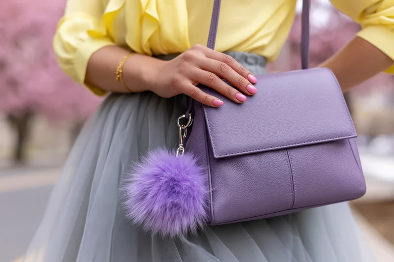 Woman holding purple structured handbag with fluffy pompon at hip outdoors in spring