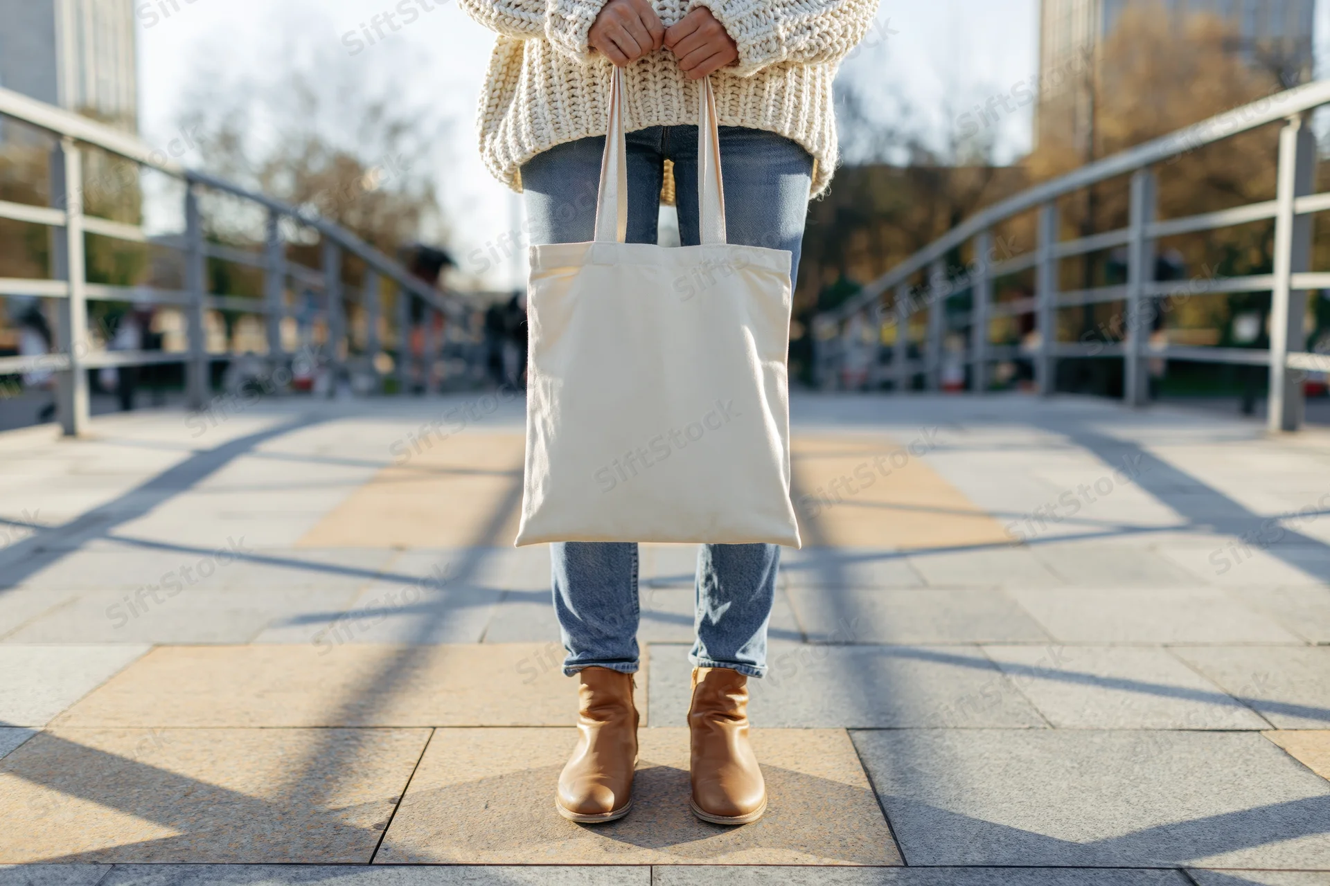 Woman holding plain cream canvas tote bag on city sidewalk