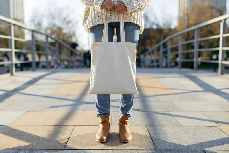 Woman holding plain cream canvas tote bag on city sidewalk
