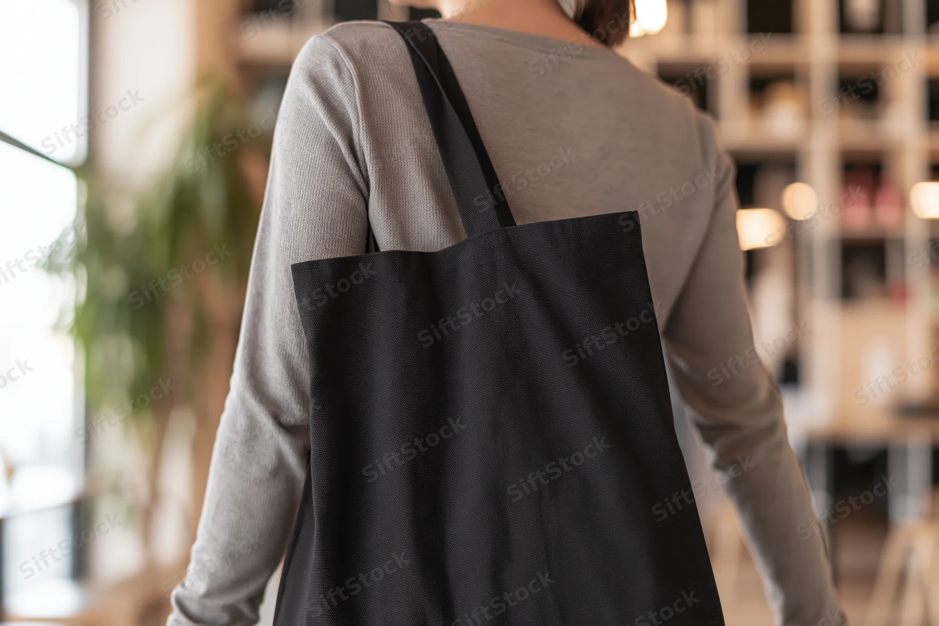 Woman from behind carrying black canvas tote bag in modern cafe interior