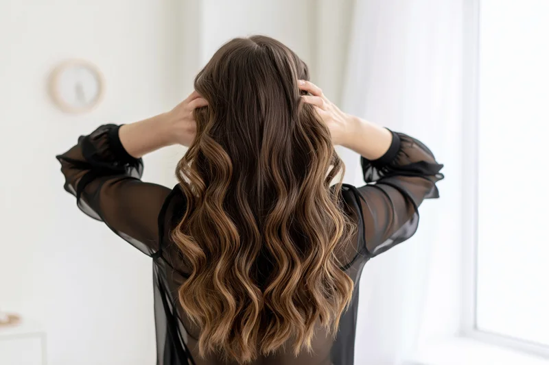 Woman from behind styling her long wavy brown hair with hands in a bright room
