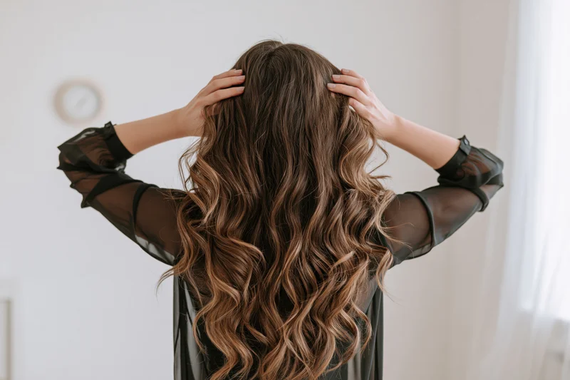 Woman from behind running hands through long wavy hair in a bright room