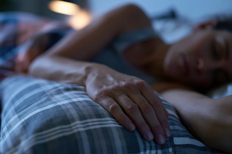 Woman sleeping peacefully in bed at night with hand resting on a plaid pillow